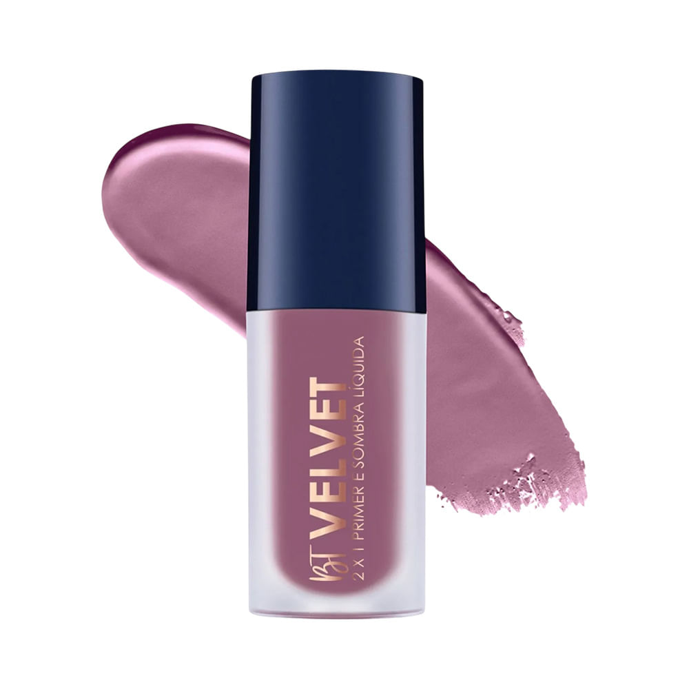 Sombra Líquida Bruna Tavares BT Velvet Hermione embalagem fosca com tampa azul escura e corpo translúcido rosa antigo